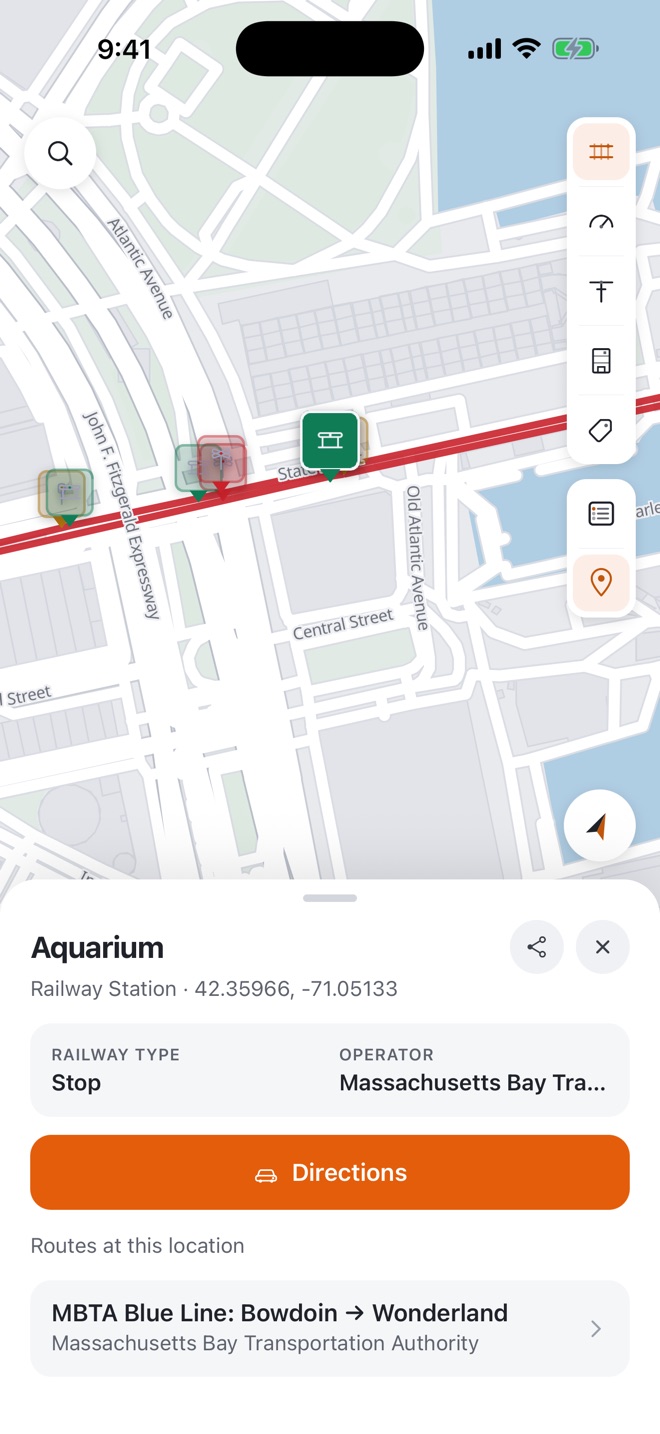 A station tapped on the map, showing its type, operator and coordinates, with Share and Directions buttons.