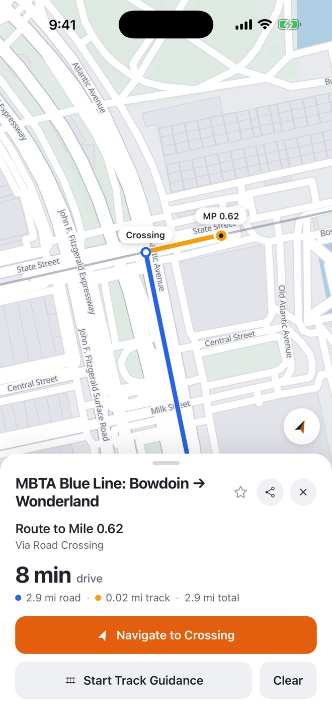 Milepost showing a road route to a level crossing, then along the track to mile 0.62 on the MBTA Blue Line: 8 minutes, 2.9 miles.