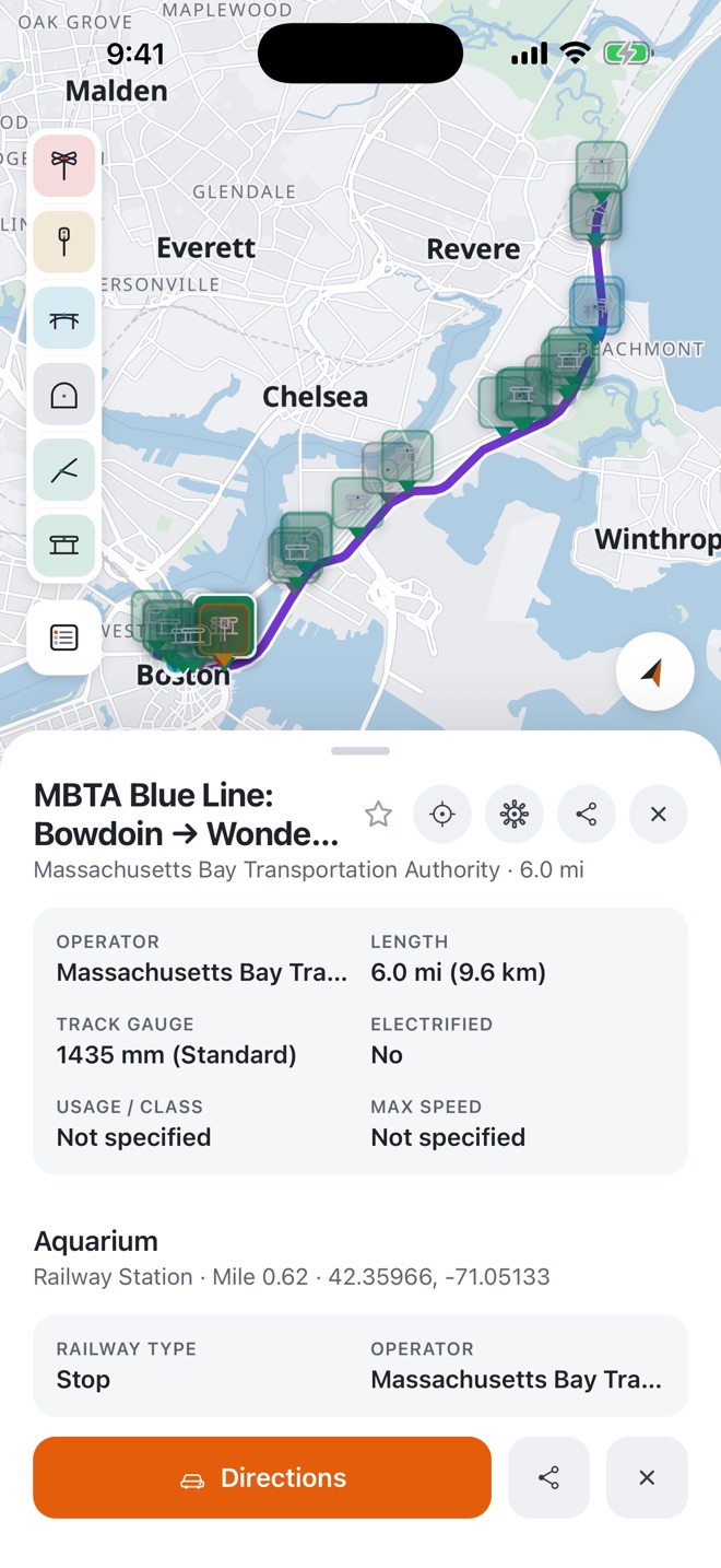 The MBTA Blue Line selected, with stations along it and its operator, length, gauge and electrification.